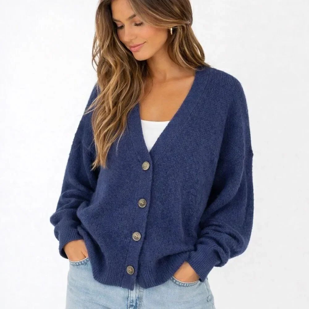 LOFT Outlet Eyelash Knit Cardigan Small Navy Blue Button Front Soft Cozy Sweater